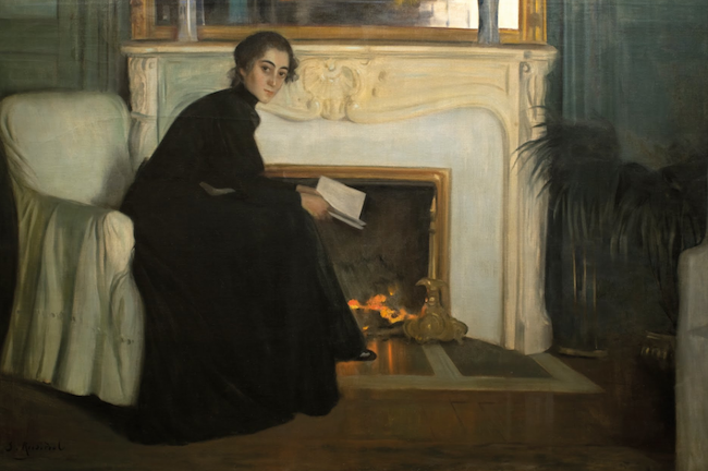 Man met boek bij open haard - schilderwerk Santiago Rusiñol, 1894